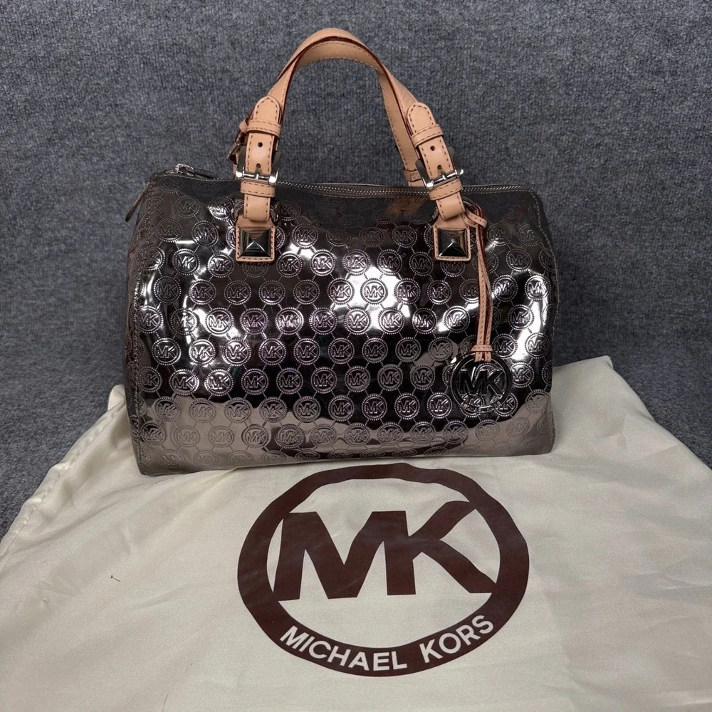 Michael Kors Grayson Satchel Bag Black Monogram Mirror Metallic Zipper Closure